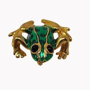 Vintage Green Enamel Goldtone Frog Pin Brooch 1.25" Detailed Design